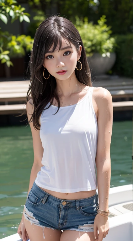 8K、sea the background of, Neat and clean, ite person, See-through clothes, hard erected nipples, (slim, Small, Flat, Small), Bun hair, Photorealistic, detail, (Detailed skin texture:1.15), Ultra Detail, delicate sexy collarbone, Smile, Super Detailed Face, Detailed lips, Detailed eyes, 13 rl, Delicate eyebrows, Little baby facPhotography, South Island Sea, full body