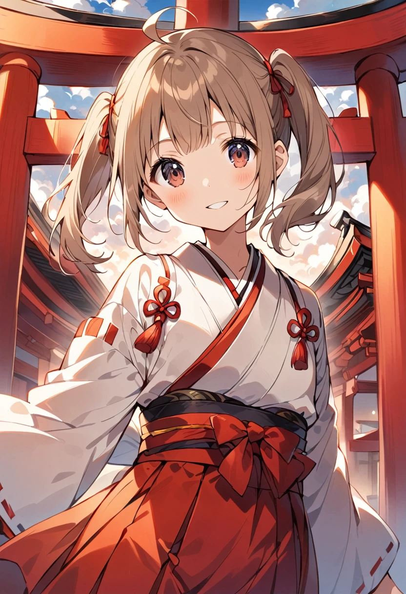 1 cute girl,
(light brown hair, medium hair, pigtails hair, ahoge, dark red bow),
(dark gray eyes, tareme),
smile,
parted lips,

looking at viewer,

(white Miko costume),
(red long Hakama skirt),

cowboy shot, solo, 

(depth of field),
noon sky, little cloud, incident light, 
a shrine,
torii in the foreground,