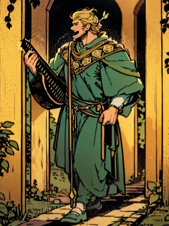 a muscle bard Walking on the path while singing and playing his lute, sfw, muscle bard, bulky, big chest, blonde, short haircut, singing, playing lute, wearing green bard  costume and green bycocket with red feather, manly, beaded,  medieval engraving, high resolution, high quality, masterpiece