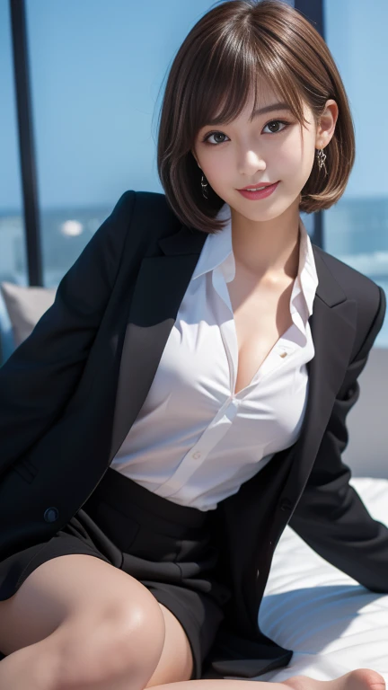 Beautiful Japan adult woman, top-quality, masterpiece, 1girl in, Beautiful expression, (photographrealistic:1.3), Rim lighting, (High Detail Skins:1.2), Digital SLR, hightquality, hight resolution, 4K, 8K, bokeh dof, (realisitic:1.3), (Wear a formal blazer:1.1), Without sternum, fleshy breasts、Big breasts with tension, ((a short skirt:1.1)), (Transparent blouse:1.1), (The chest of the blouse is open、Chest exposed:1.2), (From the knee up), see the beholder,