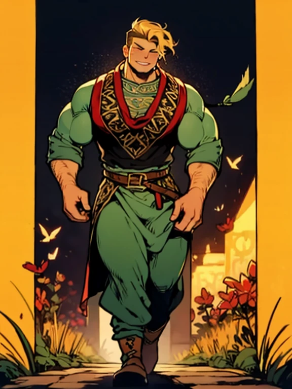 a muscle bard Walking on the path while singing and playing his lute, sfw, muscle bard, bulky, big chest, blonde, short haircut, singing, playing lute, wearing green bard  costume and green bycocket with red feather, manly, beaded,  medieval engraving, high resolution, high quality, masterpiece