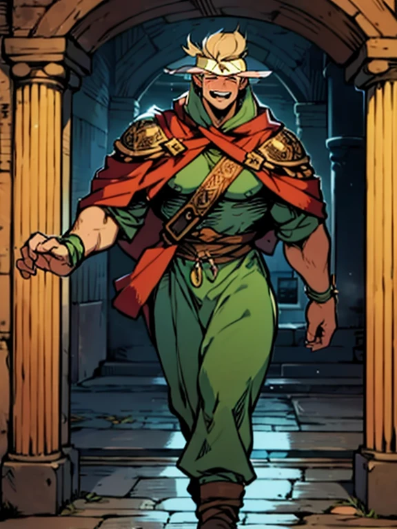 a muscle bard Walking on the path while singing and playing his lute, sfw, muscle bard, bulky, big chest, blonde, short haircut, singing, playing lute, wearing green bard  costume and green bycocket with red feather, manly, beaded,  medieval engraving, high resolution, high quality, masterpiece