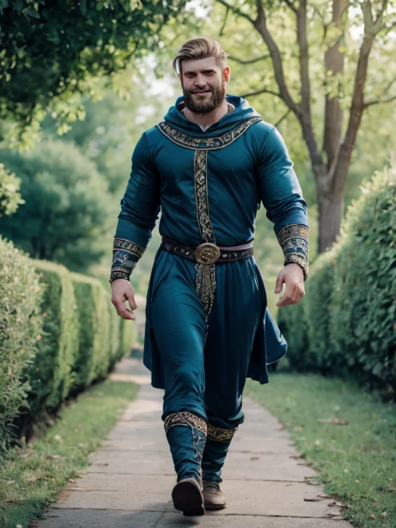 a muscle bard Walking on the path while singing and playing his lute, sfw, muscle bard, bulky, big chest, blonde, short haircut, singing, playing lute, wearing green bard  costume and green bycocket with red feather, manly, beaded,  medieval engraving, high resolution, high quality, masterpiece