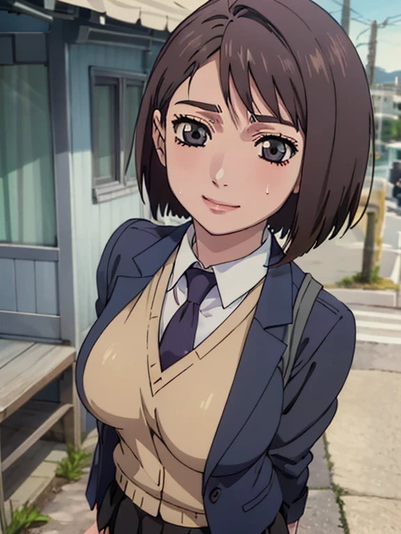 (Anime Style)、(Beautiful face:1.5)、(Beautiful breasts)、colorful、Glowing Skin、Brown Hair、Short Hair、(masterpiece:1.5)、(High resolution)、(Highest quality)、(Ultra high definition)、(sweat)、(smile)、break、(School Blazer)、(School vest)、(Black Skirt)、(Purple tie)、break、Enoshima is visible from the beach、stroll