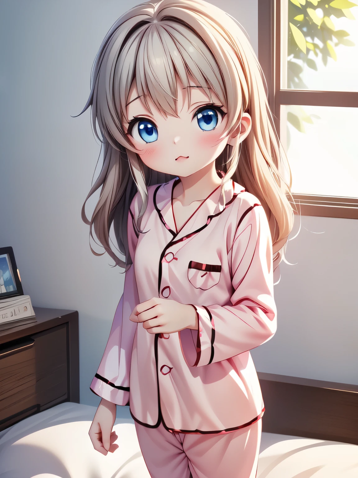 Best Quality, Tomori,One Girl、Photographed from the front、standing、(Anime illustration style:1.2),(Anime illustration style:1.1), indoor, bedroom, With them.Tomori, blue eyes、pajamas, (Sleepy face, sweat,Mouth closed),(but, 水色のpajamas:1.5), Shine, pants、4Ｋ，8Ｋ,(Genuine、Genuine志向、写真Genuine志向:1.5）、High resolution、超High resolution、Ultra-high definition paintings、Lean forward
