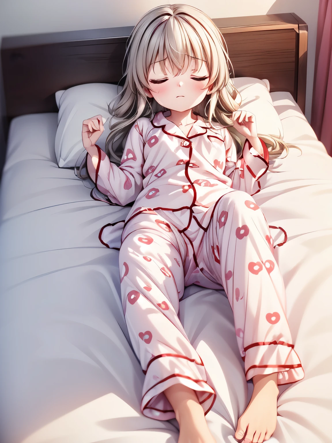 Best Quality, Tomori,One Girl、(Anime illustration style:1.2),(Anime illustration style:1.1), Hands on chest、indoor、Full Body Shot, Full Body Focus, bedroom, with them.Tomori, blue eyes、pajamas, (Sleepy face, sweat,Closed Mouth),(bet, 水色のpajamas:1.5), Shine, pants (sleeping face, sweat,Closed Mouth),(Sleep on your back, pajamas:1.5), Shine, pants
