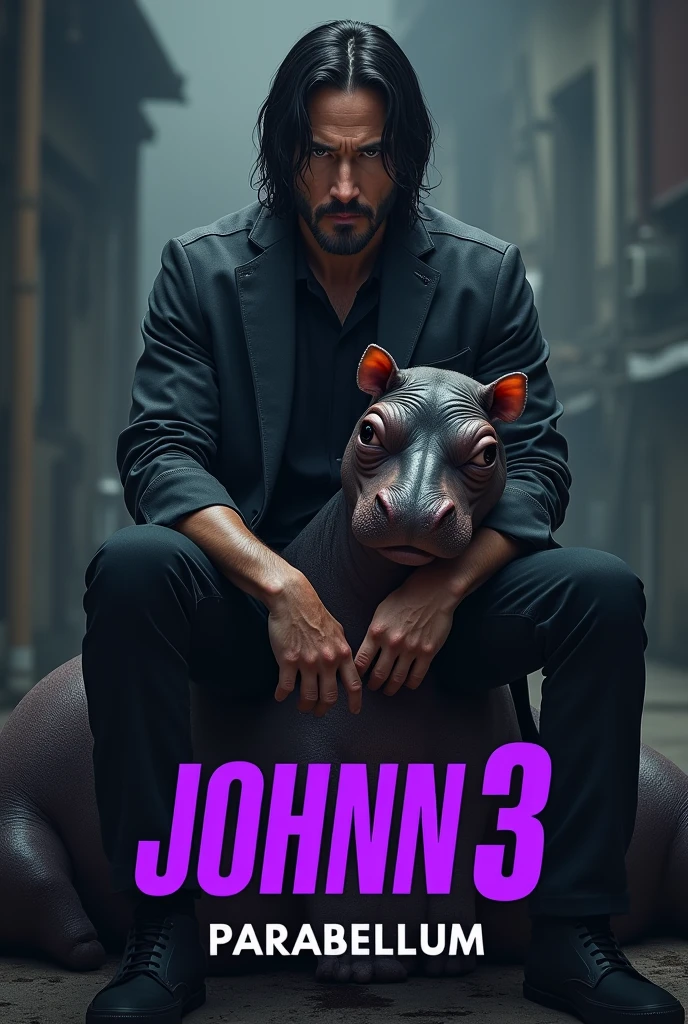 This image is a humorous parody of the "John Wick" movie poster, specifically for "John Wick 3: Parabellum." In the parody, the character (originally portrayed by Keanu Reeves) is depicted sitting alongside a strange, wrinkled animal, possibly a baby hippo or some similarly odd creature. The title has been altered to read "John 3 Deng Parabellum" with the "3" emphasized in purple, maintaining the original aesthetic of the movie poster while adding a comedic twist