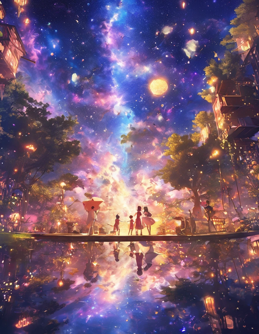 Highest quality, masterpiece, The girl who grants wishes,blonde,blue eyes,Double exposure, The best smile, Look up at the sky, yukata, milky way, Night view, Tanabata Festival, Large bamboo and colorful hanging ornaments,Golden light particle effect、Japanese Events、Tanabata decoration、Bamboo、wish、ponytail、Brown Hair、Blue eyes