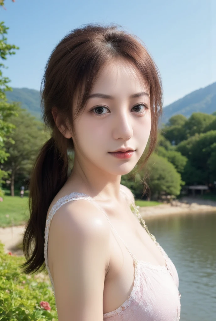 Captured at eye-level on a mobile camera, a young Asian woman with long dark brown hair stands in front of a backdrop of lush green foliage and a body of water. She is wearing a white dress with a pink and white striped shirt over it. Her hair is pulled back in a ponytail, adding a touch of texture to her face. Her eyes are a piercing blue, and her lips are a darker shade of brown. The backdrop is a clear blue sky, and a mountain range can be seen in the distance.