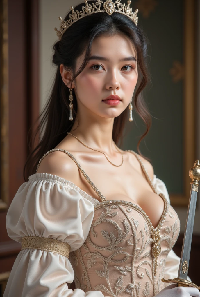 Game Art，CG Animation，Best image quality，Maximum resolution，8K，(Half-length photo)，(portrait)，(Close-up head)，(Rule of Thirds)，Unreal Engine 5 rendering works，20-year-old girl，((Queen))，Eyes are very detailed，(Big breasts)，Elegance and nobility，movie lighting，Ray Tracing，Game CG，(([3D Unreal Engine))，OC Rendering Reflection Mode，4K，Ultra-clear，Translucent lace，Fair and plump figure，Pretty Face，Glossy gel coat，身着华贵礼服的Queen，Ultra-clear面部细节，Wear white gloves，Five fingers extended，Holding a sword in one hand，One hand on the ground