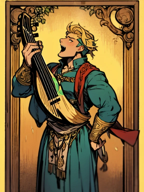 a muscle bard singing and playing his lute, sfw, muscle bard, bulky, big chest, blonde, short haircut, singing, playing lute, wearing green bard  costume and green bycocket with red feather, manly, beaded,  medieval engraving, high resolution, high quality, masterpiece