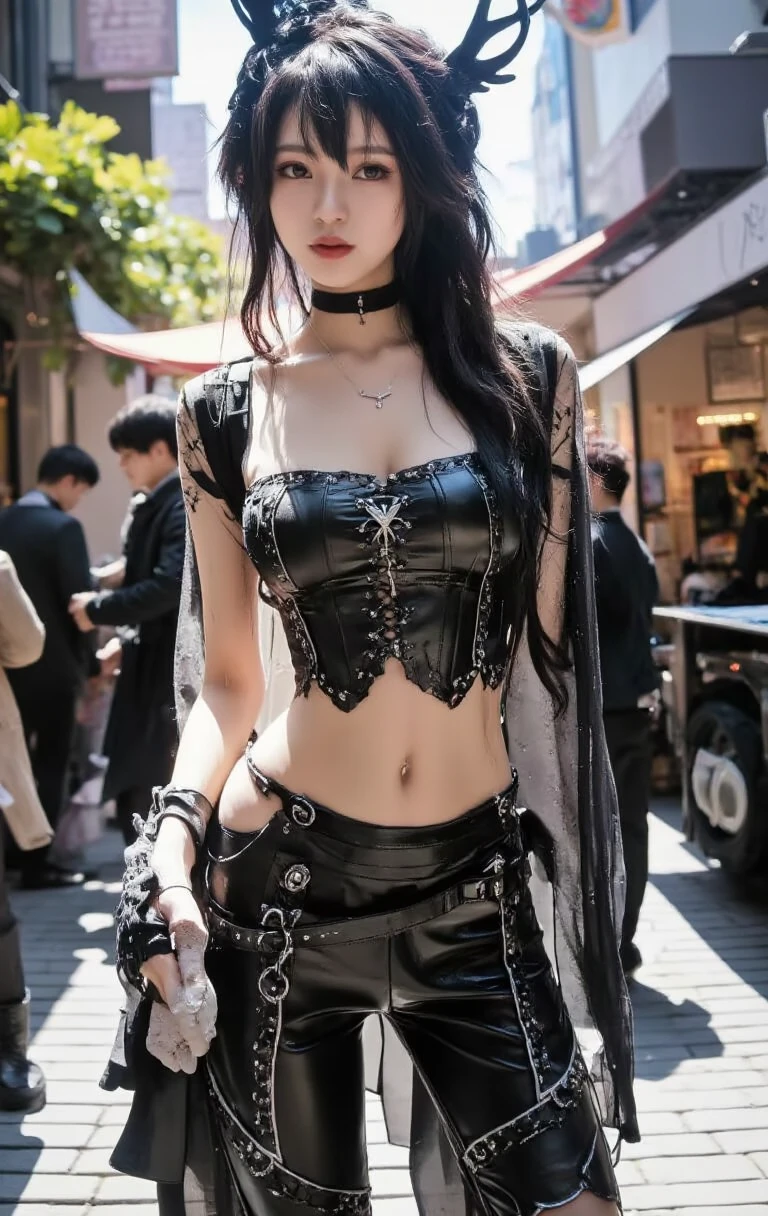 sexy stylish female model, only 1 female, ((doll-like appearance)), long dramatic stylish hair, ((shiny Punk-Style boots)), (beautiful smile), ultra detailed eyes, Punk makeup, lipgloss, ((sexy Punk Lolita cosplay)), unconventional skirt, petticoats, high neckline, ((ultra detailed lace)), ((ultra detailed embroidery)), intricate details, tartan patterns, silver chains, silver spikes, safety pins, Punk Lolita accessoires, Punk Lolita choker, ((large sparkling Punk Lolita jewelry)), cinematic light, detailed large park background with trees 