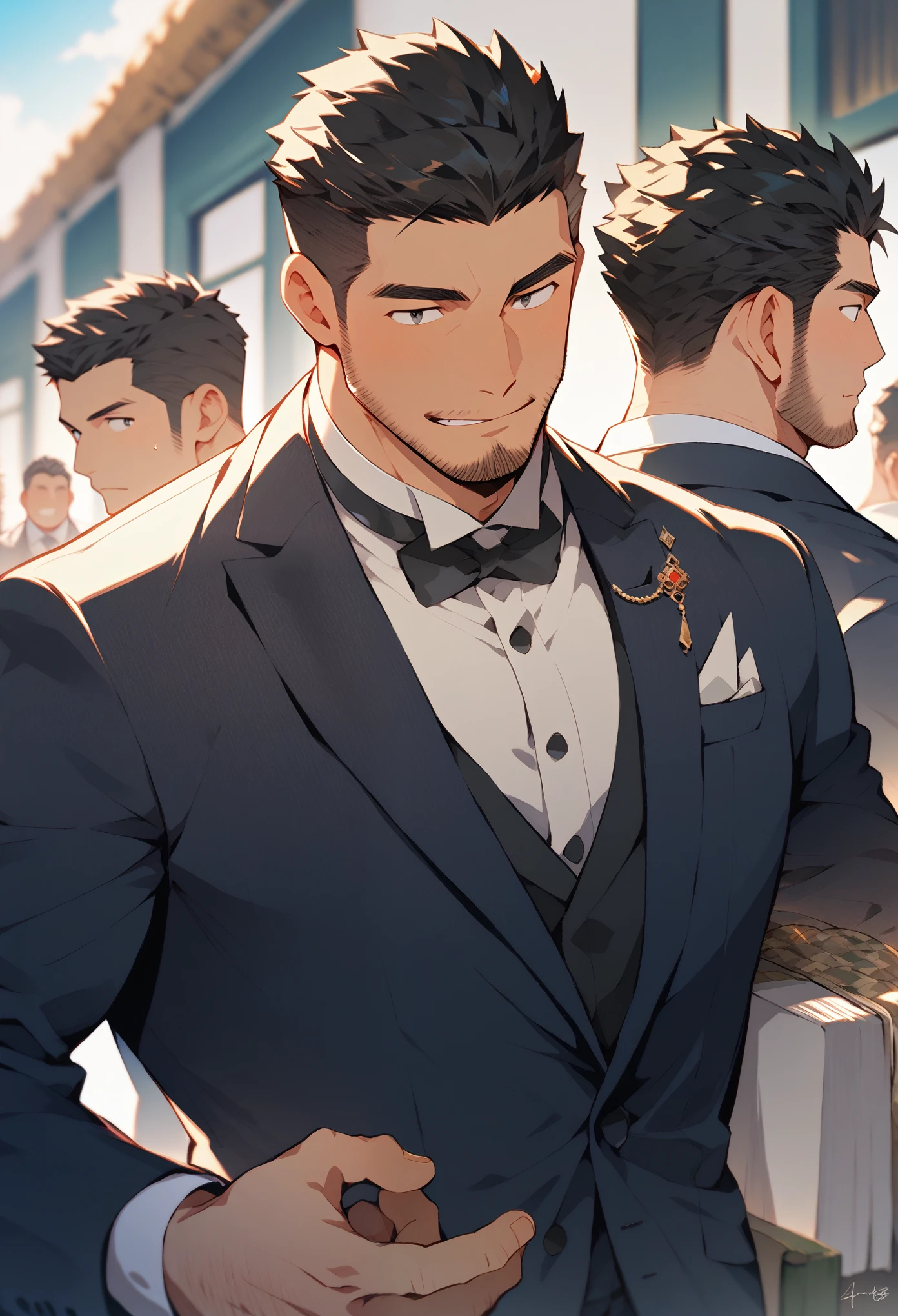 Anime man in a suit and bow tie standing in front of a crowd - SeaArt AI