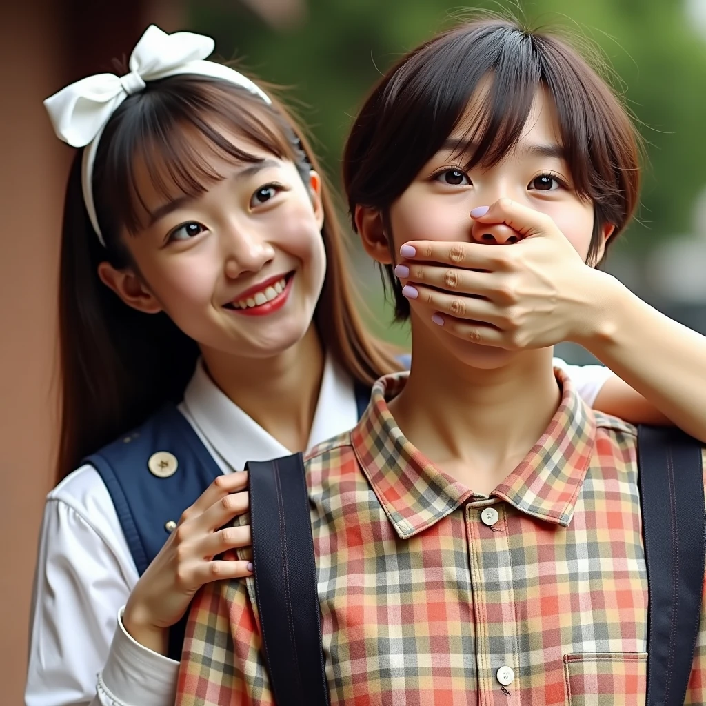 (Highest quality, masterpiece:1.2), Highest quality, High resolution, 1080P, 8k, height: 158cm, ((A noble, graceful and intelligent 14yo Japanese young idle who has a best proportion is surprised and looking me down and laughing at me!: 1.5)), ((So sweet, very noble, neat, and pretty 14yo Japanese beautiful fashion magazine model is giggling at me: 1.6)), ((((Very pure white face and limbs)))), Glossy Lips, (Evenly cut curled bangs), ((Very beautiful, droopy, cute, pure, noble, intelligent brown eyes with detailed: 1.6)), ((Super long, black straight hair )), (Very shiny, glossy Lips), ((Beautiful straight hair like a school promotion model)), Watch at you, ((Incredibly well organized, Rich facial expressions)), ((Plump and beautiful white skin and face)), ((Pure, clear, gentle brown eyes)), ((staring at me)), Glossy Lips, ((Noble and elegant)), Very beautiful blue skirt, ((Large upward-curving lips)), ((((Navy Japanese school blazer with noble golden emblem)))), ((Navy and sapphire blue Japanese school uniform)), ((Tartan check pattern dark blue pleated long skirt)), ((Cobalt blue string chest ribbon)), ((((An ecstatic expression of boundless joy)))), (((Beauty and fashion magazine for young girls))), ((Cute beautiful knees)), ((Well-shaped ample breasts)), ((Tilting his head and smiling)), ((many dark ghosts and wraiths are behind her: 1.5)), (Laughing loudly holding your stomach because the viewer is too funny: 1.0), ((Too beautiful woman to stop falling into her: 1.6)) 