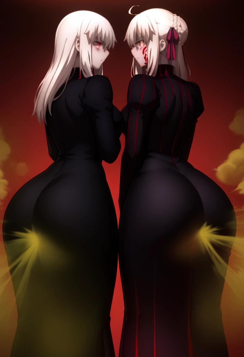 Highest quality, High Resolution, two females, Two girls side by side., Artoria Pendragon (alter), we are sakura, is, hyper is, huge is, big is, wide hip, is focus, gigantic is, thick thighs, misive thighs, fart, farting, yellow_smoke, yellow_Gas, sprays, farting for two, Two people standing side by side, Turning her back to the viewer, Butt bumping, fat is, Two people standing side by side, long hair, red eyes, white hair, hair ribbon, empty eyes, dark persona, corruption, dress, black dress, turtleneck, striped, long sleeves, we are sakura, long hair, red eyes, white hair, hair ribbon, empty eyes, dark persona, corruption, dress, black dress, turtleneck, red striped, long sleeves, farting_together, Pushing their butts together, masterpiece, blush,