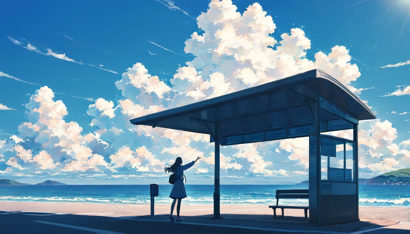 One Woman,pastel,Standing in front of the bus stop,Woman reaching for the sky,Under the blue sky,View of the sea,View from afar,A touching scene,Strong contrast