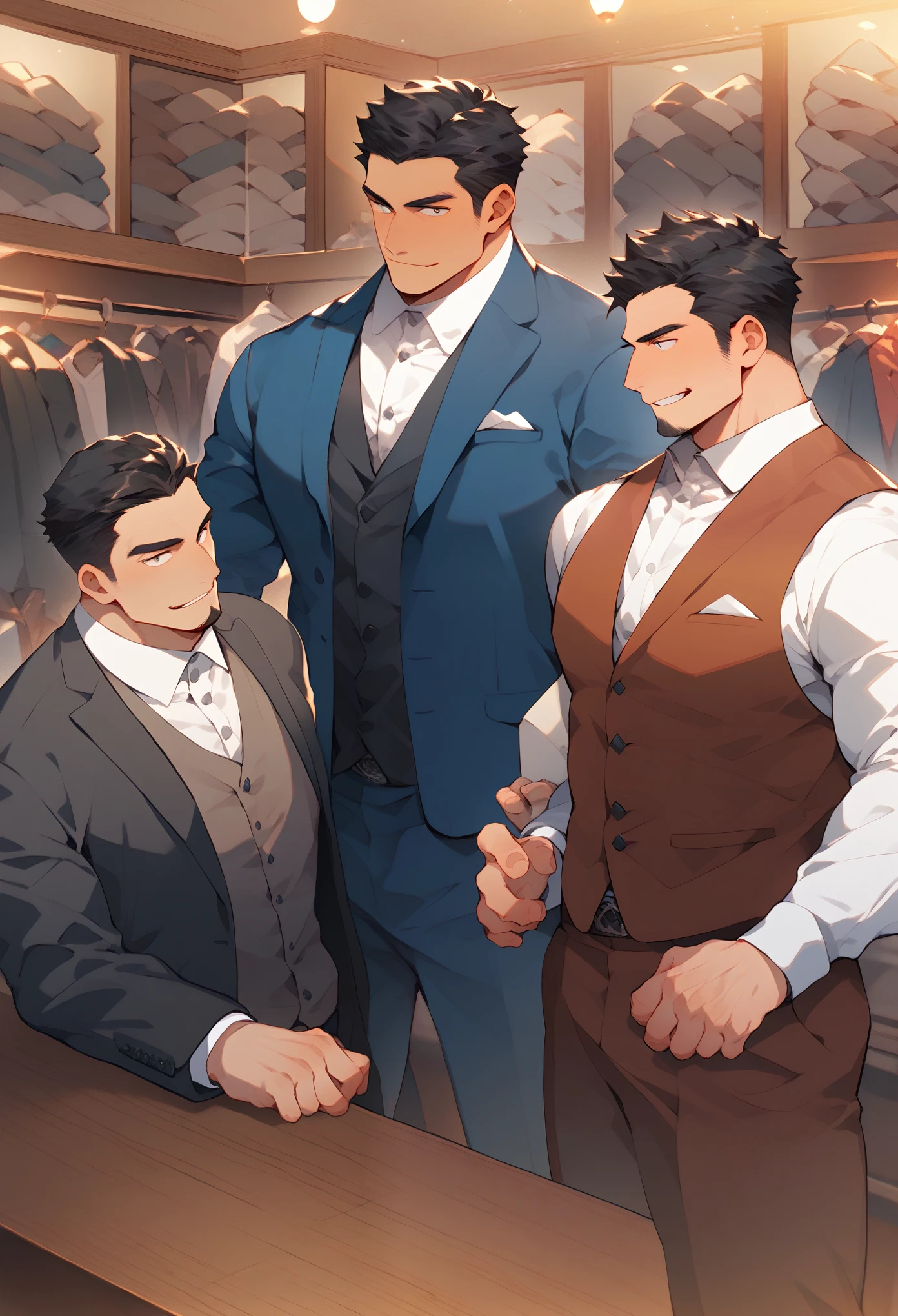 Antique men's clothing store, suit tailor, Japanese, male, two men, clerk and customer, black hair, muscular, business suit