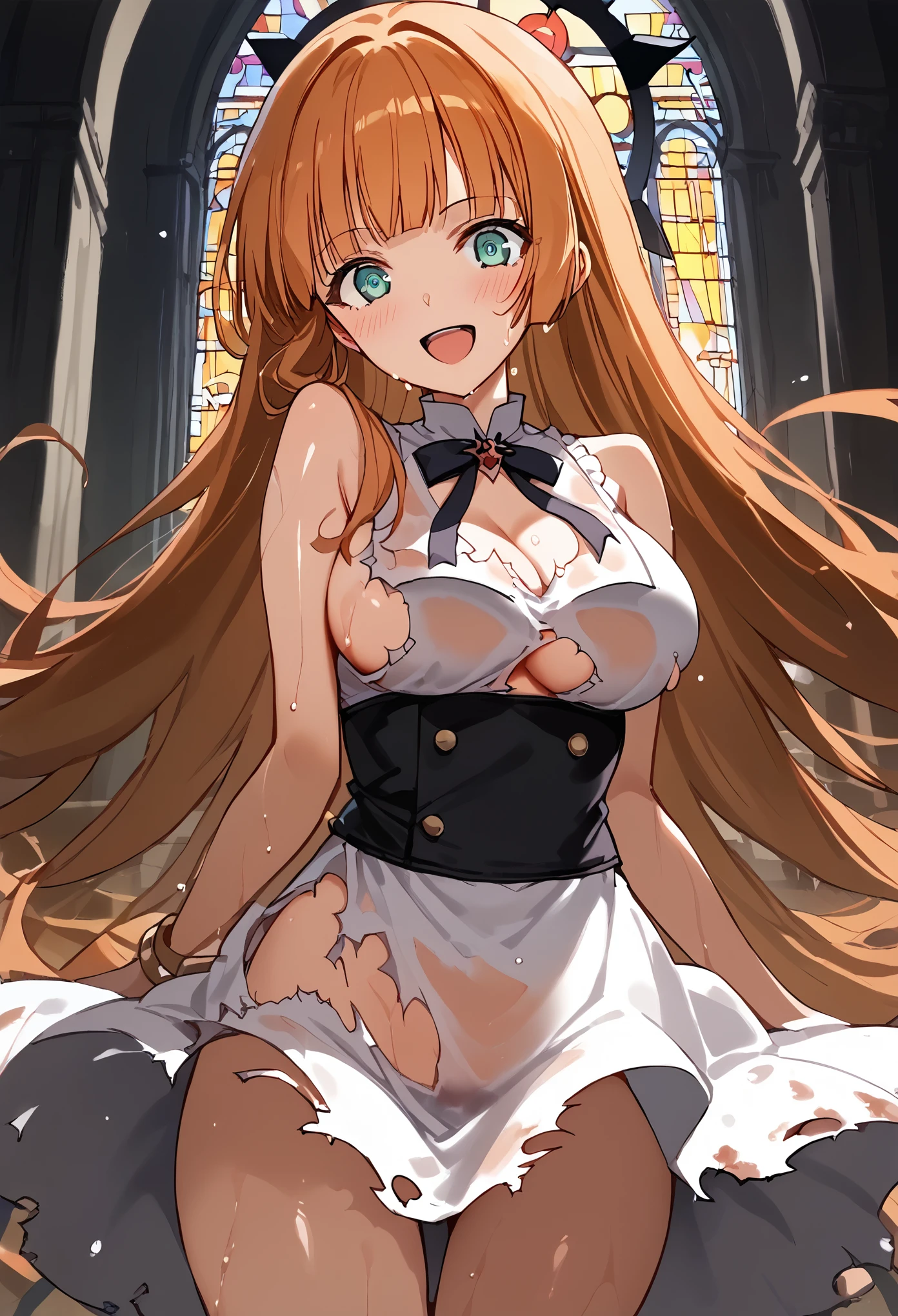 ((Masterpiece))), (((Best Quality: 1.4))), ((Super Detail: 1.4)), ultra-High resolution, score_9, score_8_up, score_7_up, score_6_up, score_5_up, score_4_up, BREAK, source_anime, anime screencap, 1girl, solo, Anne(snb), very long hair, orange hair, hime cut, floating hair, sidelocks, blunt bangs, aqua eyes, casual, summer dress, torn clothes, ((evil smile, evil eyes, intense shadows, darkness, corrupt_girl, corruption)), ((dark thunder energy)), glowing eyes, smile, open mouth, indoors, church, sunlight, looking at viewer, open mouth, blush, wet body, wet clothes, sweat, surprised, shiny skin,