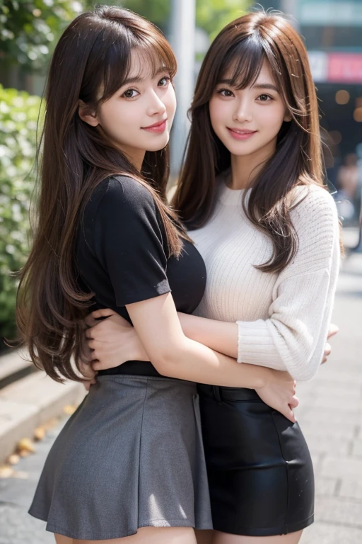 (Best quality, High resolution, Masterpiece :1.3), 2 tall and pretty women,duo,on the Castel Sant'Angelo of Roman,navel,winter,snow,crowd,Slender abs, Dark brown hair styled in loose waves, Breasts, Wearing pendant, White button up shirt, Belt, Black skirt, Details exquisitely rendered in the face and skin texture, Detailed eyes, Double eyelid