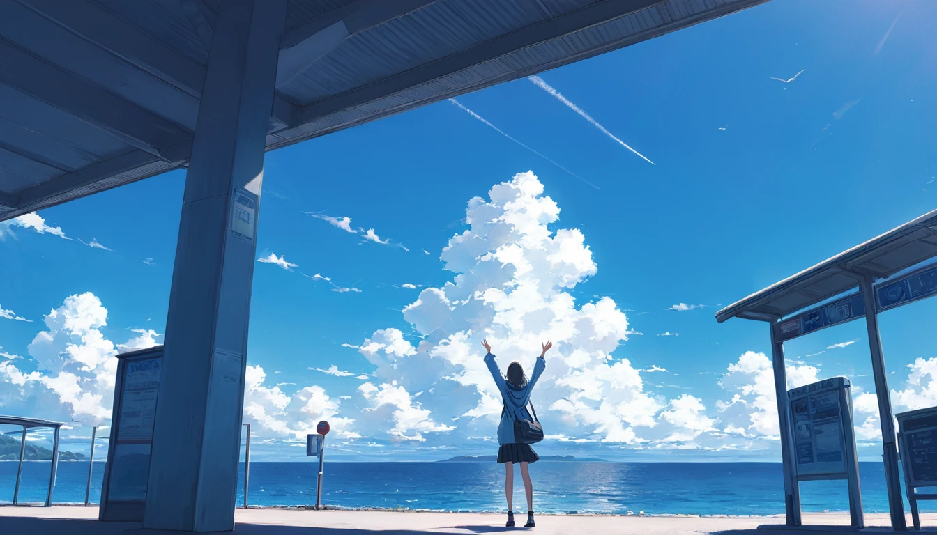 One Woman,pastel,Standing in front of the bus stop,Woman reaching for the sky,Under the blue sky,View of the sea,View from afar,A touching scene,Strong contrast