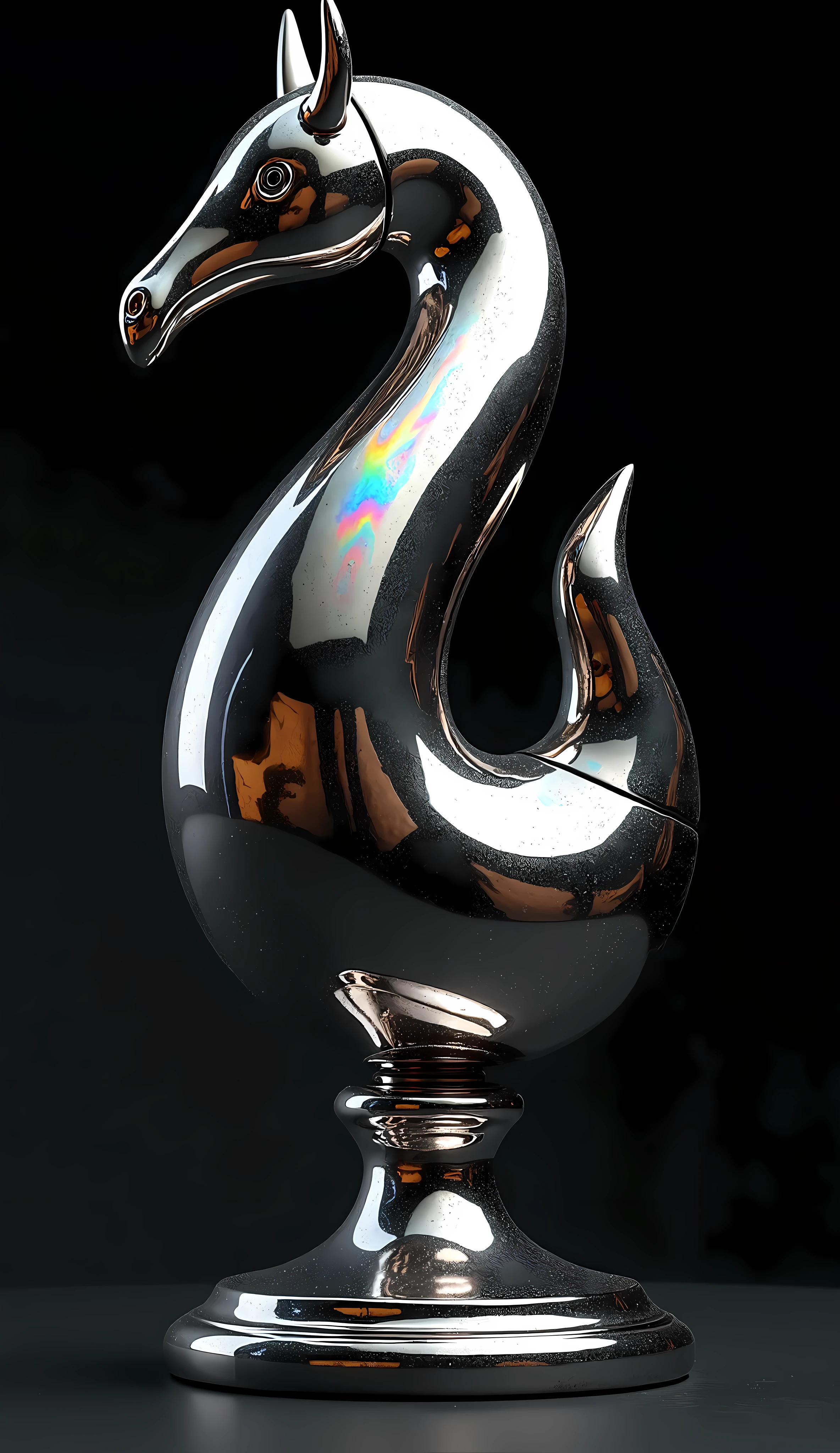 a highly detailed and realistic metal sculpture, electro-plated chrome surface, glossy, lustrous, mirror-like reflections, heavy and solid, iridescent rainbow effects, hyperrealistic, intricate, exquisite craftsmanship, expertly lit, dramatic chiaroscuro lighting, cinematic composition, photorealistic, 8k, ultra-high quality, masterpiece, award-winning digital art