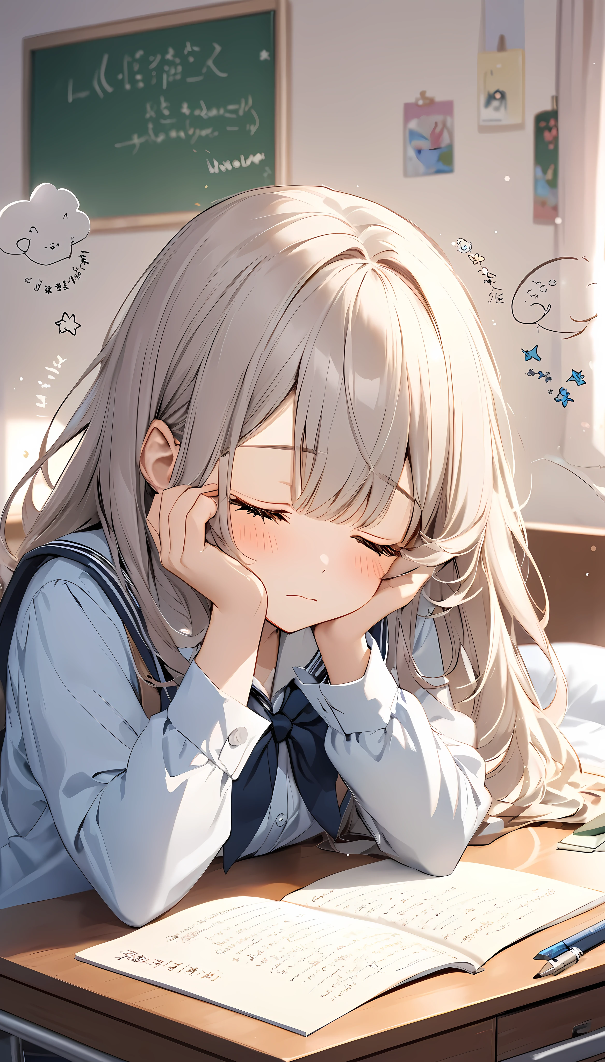 Cute school girl, I am studying for an exam, desk in my room, Bed in the background, BREAK Looks very sleepy,"sleepy"Write characters, Inserting words like sighs,  Resisting drowsiness, Rubbing my eyes, I&#39;m working hard on drawing illustrations.