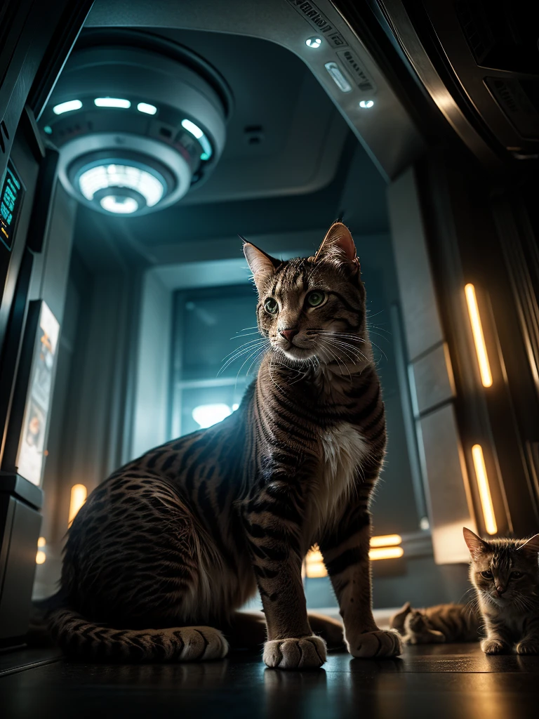 a big cat with kittens, sci-fi world, futuristic city, detailed feline features, digital art, science fiction, cinematic lighting, hyper realistic, ultra-detailed, 8k, best quality, highly detailed, intricate details, photorealistic, dramatic lighting, smooth shading, vibrant colors, dynamic composition