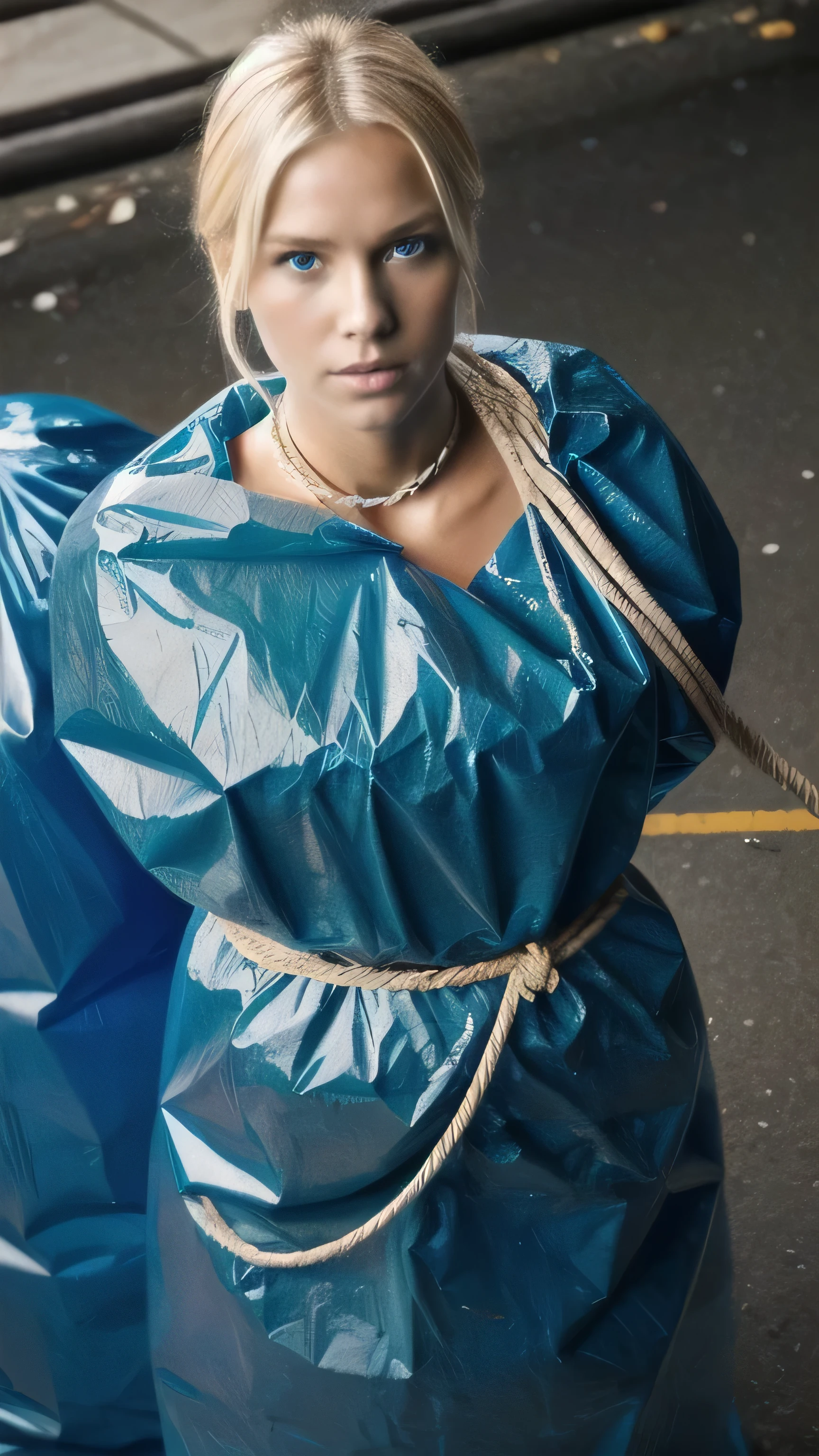 a stunningly beautiful blond woman completely wrapped up from head to toe in blue plastic garbage bags printed with the words "I AM TRASH " is tightly tied up with rope wrapped around her like a helpless human package, she is completely covered with plastic, forced against her will, bright day, extremely photorealistic photo, highly detailed photo, portrait 