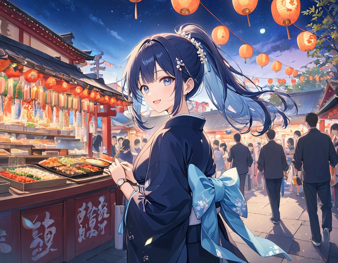 One woman looking back,pastel,The woman is wearing a kimono,Look here,smile,Open your mouth,smile,Dark blue base,Black kimono,White belt,Navy blue hair,ponytail,Tied with red string,Night Summer Festival,Lots of food stalls,shrine,Bustling,Emphasis on women,Blur the background,Super vignette masterpiece,Best Quality,Exquisite,8k,Absurd,Ultra-detailed illustrations,(Watch the audience)