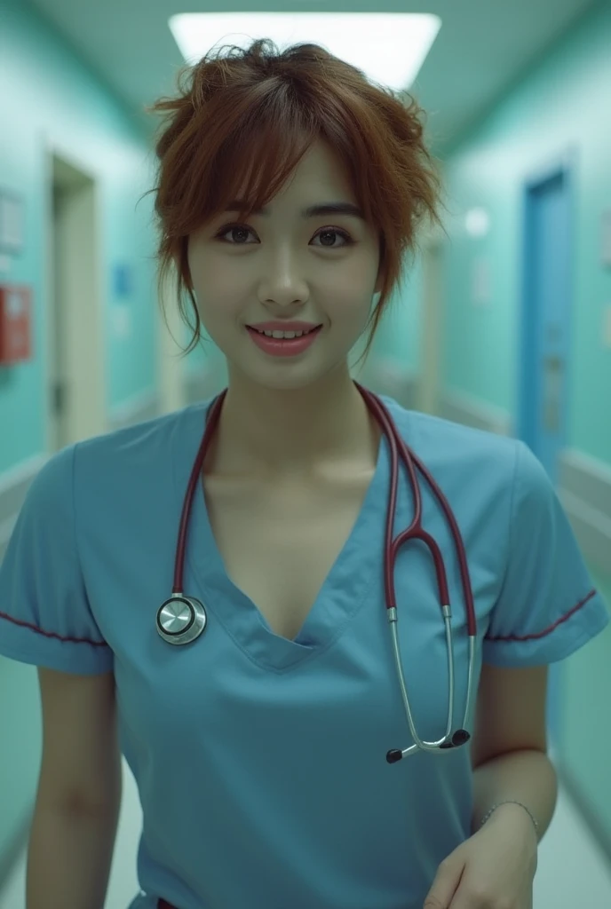 A cinematic masterpiece portrait of a stunning nurse, featuring a 1-girl focus. A beautiful, gloss reddish-brown shorthair-haired woman with disheveled hair and floating strands framing her face. She standing tall, wearing a nurse's outfit without the cap, wrapping a stethoscope around her neck like a symbol of authority. Her hourglass figure is accentuated by a beautiful chest line and shiny skin. A captivating smile spreads across her face as she looks directly into the camera, talking to the cameraman. The hospital patient room backdrop provides a stark contrast to her bold, sexy pose. Her fingers, delicate and manicured, grasp something unseen. Create an atmosphere of intimacy and sensuality in this stunning portrait.