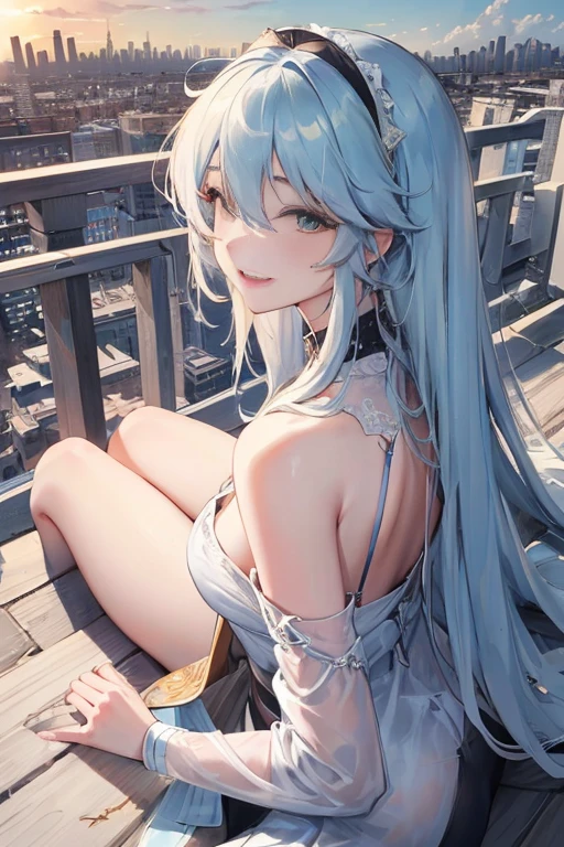official art, masterpiece, sharp focus, (Beautiful gorgeous lovely Korean women:1.3), (beautiful and cute korean:1.3), Korean beauty, exquisite beautiful hair、eyes and face, actual, Super detailed, beautiful girl, blue sky, Luminous white particles, (side light:1.2), sunshine, Baiyun, Detailed cloud, thin and long, Lovely big breasts and big butt, smile with teeth, ((smile with eyes, open your eyes)), landscape, long, straight hair, sexy facial expression, architecture, (city View:1.7), dynamic hair, very long, straight hair, Delicate platinum silver hair, glowing green eyes, Short pink skirt, white stockings, pale skin, hair accessories, epic landscape,white high heels,Bare buttocks,Nice butt,Beautiful buttocks,。