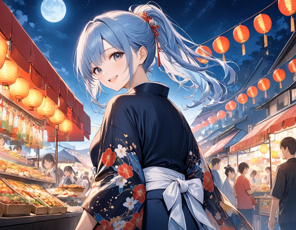 One woman looking back,pastel,The woman is wearing a kimono,Look here,smile,Open your mouth,smile,Dark blue base,Black kimono,White belt,Navy blue hair,ponytail,Tied with red string,Night Summer Festival,Lots of food stalls,Bustling,Emphasis on women,Blur the background,Super vignette masterpiece,Best Quality,Exquisite,8k,Absurd,Ultra-detailed illustrations,(Watch the audience)