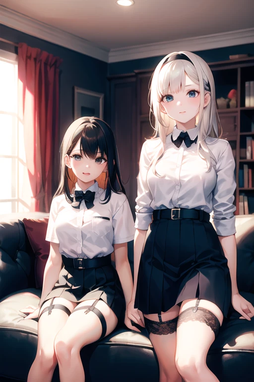 masterpiece, beautiful detail, beautiful light and shadow, 2girls, mirroring girls, steaming body, sweaty body, beautiful face, leotard, intricate black choker, loose socks, loafers, white shirt, black high-knitted skirt, blurred background