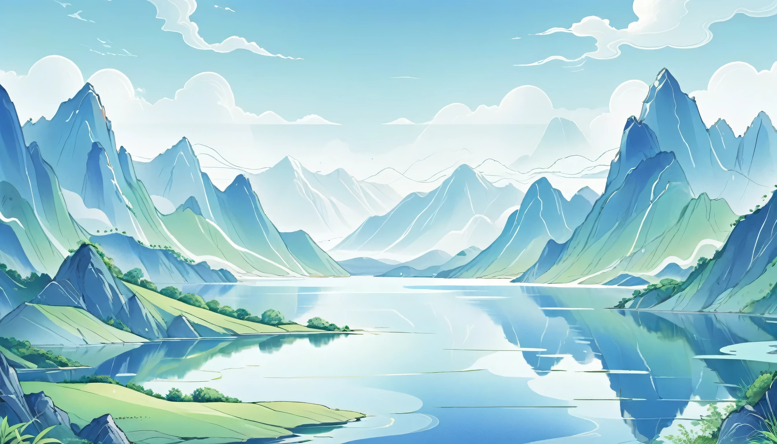 Mainly line illustrations，Simplicity，Big scene，Depth，Lake，Distant Mountains，In blue、Mainly green