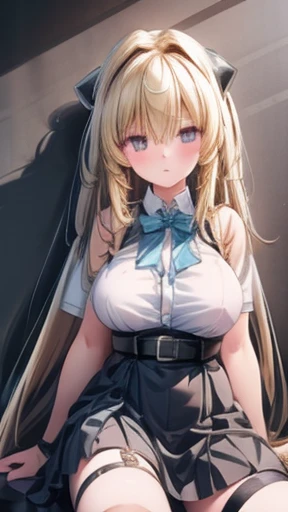 (masterpiece, Please redeem, detailed), One Girl, Alone, Browse your viewers, Ayami, Long Hair, Both sides up, Hair Accessories, Shoulder out, Black Dress, Clothing cutouts, Removable sleeves, belt, thigh straps, From below, Sitting, On the ground, Against the wall, building, blue sky, Tilt your head, I parted my lips, sunlight, Dutch Angle, whole body, Wide Shot, School rooftop, chain-link fence, fence,Large Breasts、
