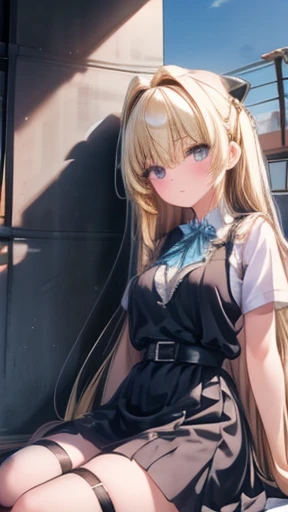 (masterpiece, Please redeem, detailed), One Girl, Alone, Browse your viewers, Ayami, Long Hair, Both sides up, Hair Accessories, Shoulder out, Black Dress, Clothing cutouts, Removable sleeves, belt, thigh straps, From below, Sitting, On the ground, Against the wall, building, blue sky, Tilt your head, I parted my lips, sunlight, Dutch Angle, whole body, Wide Shot, School rooftop, chain-link fence, fence,Large Breasts、
