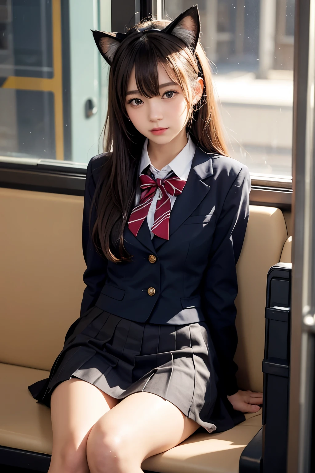 (8K), (best quality: 1.2), (realistic), (realistic: 1.37), ultra high resolution, 1 girl, cute, serious face, closed mouth, beautiful details, beautiful nose, beautiful hair, ponytail,huge two cells, pork, thighs，Self Snap,College student ,sitting on a train in tokyo,simple blazer,pleated skirt,(The pattern of the skirt and tie is a tartan check pattern....:1.3),cross one&#39;s legs, from above,(thighsにクローズアップ),(光沢のあるthighs),(opaque blue knee high socks:1.2)