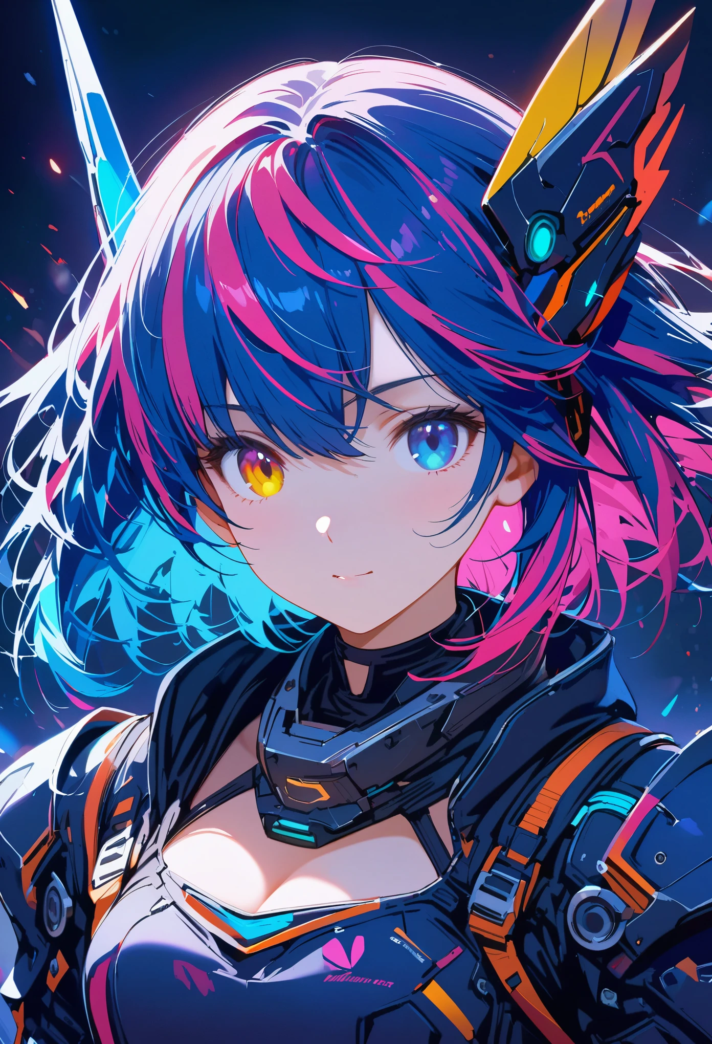 1girl, close-up, intricate details, (cyberpunk:1.4), mechanical arms, stars on shoulder straps, disheveled hair, (shiny neon armor:1.2), cars, black background, large breasts, blue hair, curvy girl, but fit, (neon sphere in her hands), trossing rays
