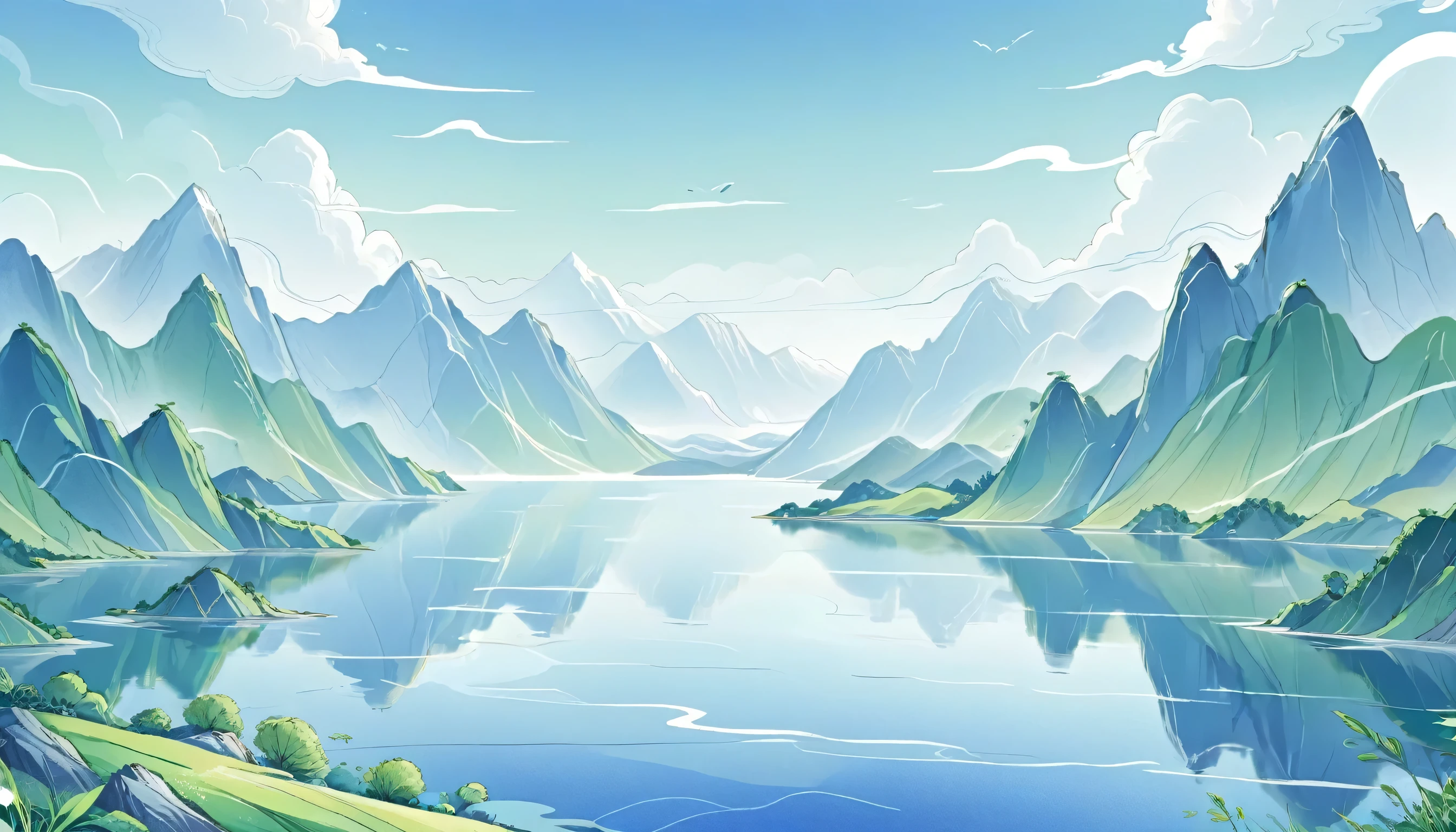 Mainly line illustrations，Simplicity，Big scene，Depth，Lake，Distant Mountains，In blue、Mainly green