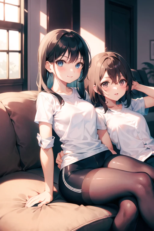 (1) Two women having drinks on wooden floor cushions. Both women are sitting with their knees up while wearing, Her white panties are fully visible between her thighs and skirt..
(2) The first woman wears a turtle knit and a pleated miniskirt、I'm wearing black socks。. she has long black hair. she looks mature.
(3) The second woman is wearing a V-neck knit, denim mini skirt, and white socks. She has short brown hair. She has a young face.
(4) The first woman has a real face, But the second woman is drunk and laughing..
(5) The time is midnight.