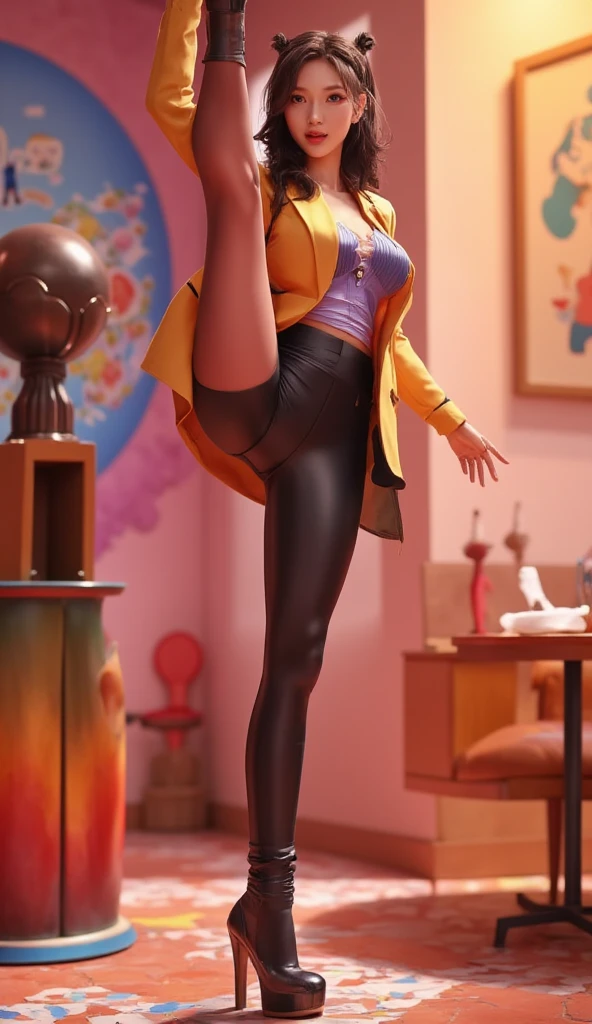 (masterpiece, best quality:1.2), 1girl, solo，standing split，, wearing a fitted suit jacket and tight leather pants/yoga pants of random colors ,sfw，realism，random colors，rich background，fashionable top wear