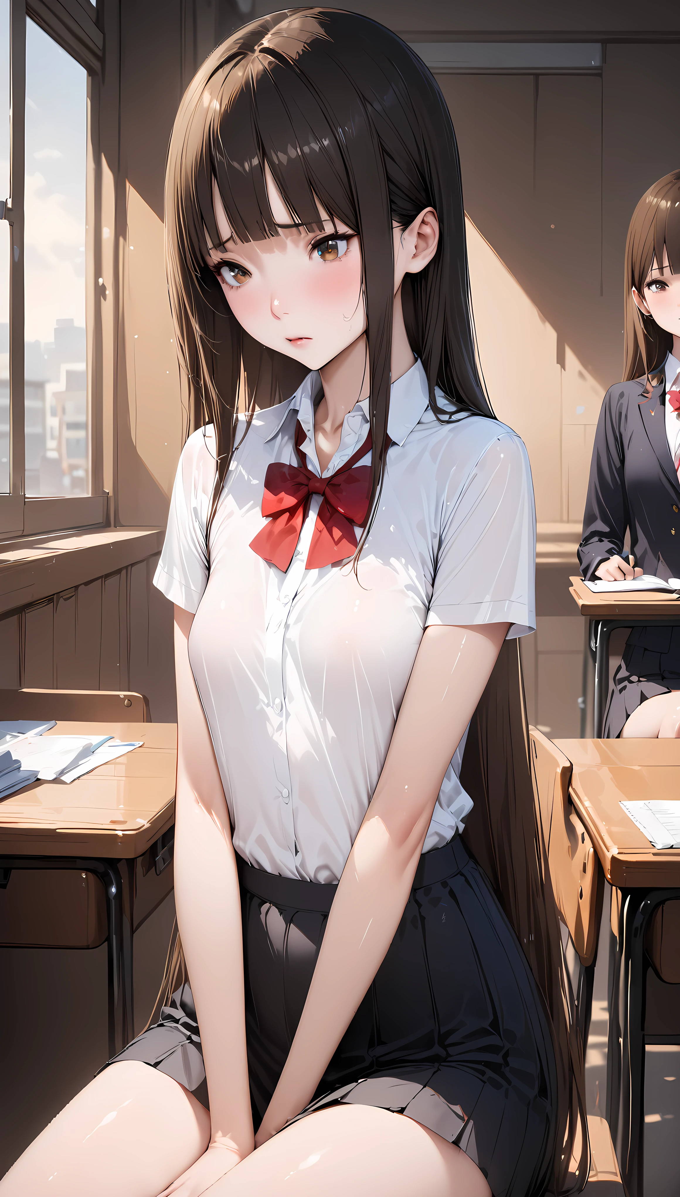 (masterpiece, best quality), super high resolution, (Top Quality photorealistic Illustration), (Super Definition), (cute illustration:1.3), (high Saturation:1.2), detailed beautiful face and eyes, very detailed background, warm lighting, (an extremely delicate and beautiful), (nice hands, perfect hands:1.4), (appropriate posture), (appropriate configuration), ideal ratio body proportions,
(3girls, beautiful three girls:1.4), in the classroom, desks, blackboard, window, sunlight, beautiful lighting,
((1 girl,,red hair, red eye, long hair  )), (on the left side:1.4), cute girl, 18 years old, (blonde wavy long hair), beautiful detailed blue eyes, medium breasts, dancing, (cheerful smile), closed mouth, (wearing school uniform:1.3),
and
((1 girl)), (in the center:1.4), cute girl, 18 years old, (silver medium bob hair), beautiful detailed blue eyes, medium breasts, dancing, (cheerful smile), closed mouth, (wearing school uniform:1.3),
and
((1 girl)), (on the right side:1.4), beautiful girl, 25 years old, (black long straight hair:1.3), beautiful detailed purple eyes, large breasts, dancing, (cheerful smile), closed mouth, (wearing school uniform:1.3) ,naked，wipe panties，expose one&#39;s chest，sexy and excited，beautiful breasts,white skin,pointed chest,erect nipples,porn images，a lot of sweat，wet costume，wet body