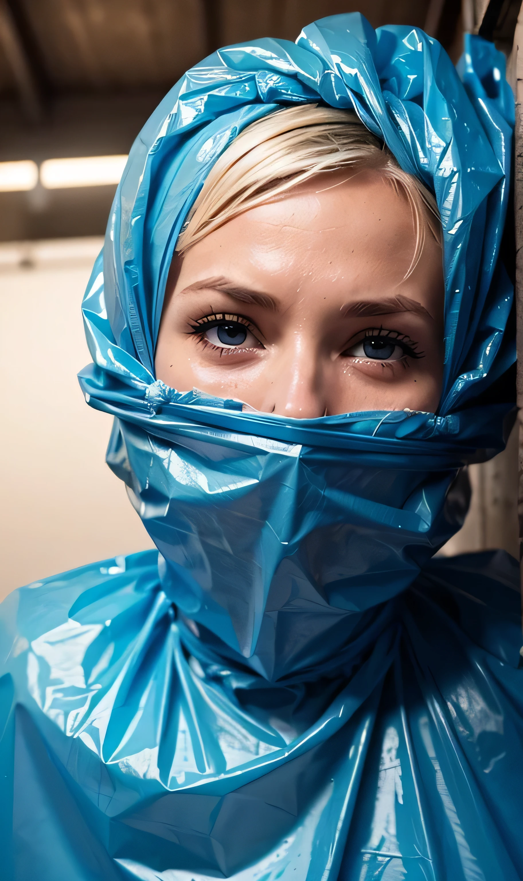 1 malay girl, beautiful, detailed eyes, solo, hijab, full body, blue eyes, blue baju kurung,hand behind body, top of building, city background, bokeh, nighttime, high quality, ultra detail, 8k, cinematic lighting, cinematic smoke, captured, captive, hostage, prisoner, bdsm, bondage, tape gag, wrap gag, tied elbow, gagged, sitting