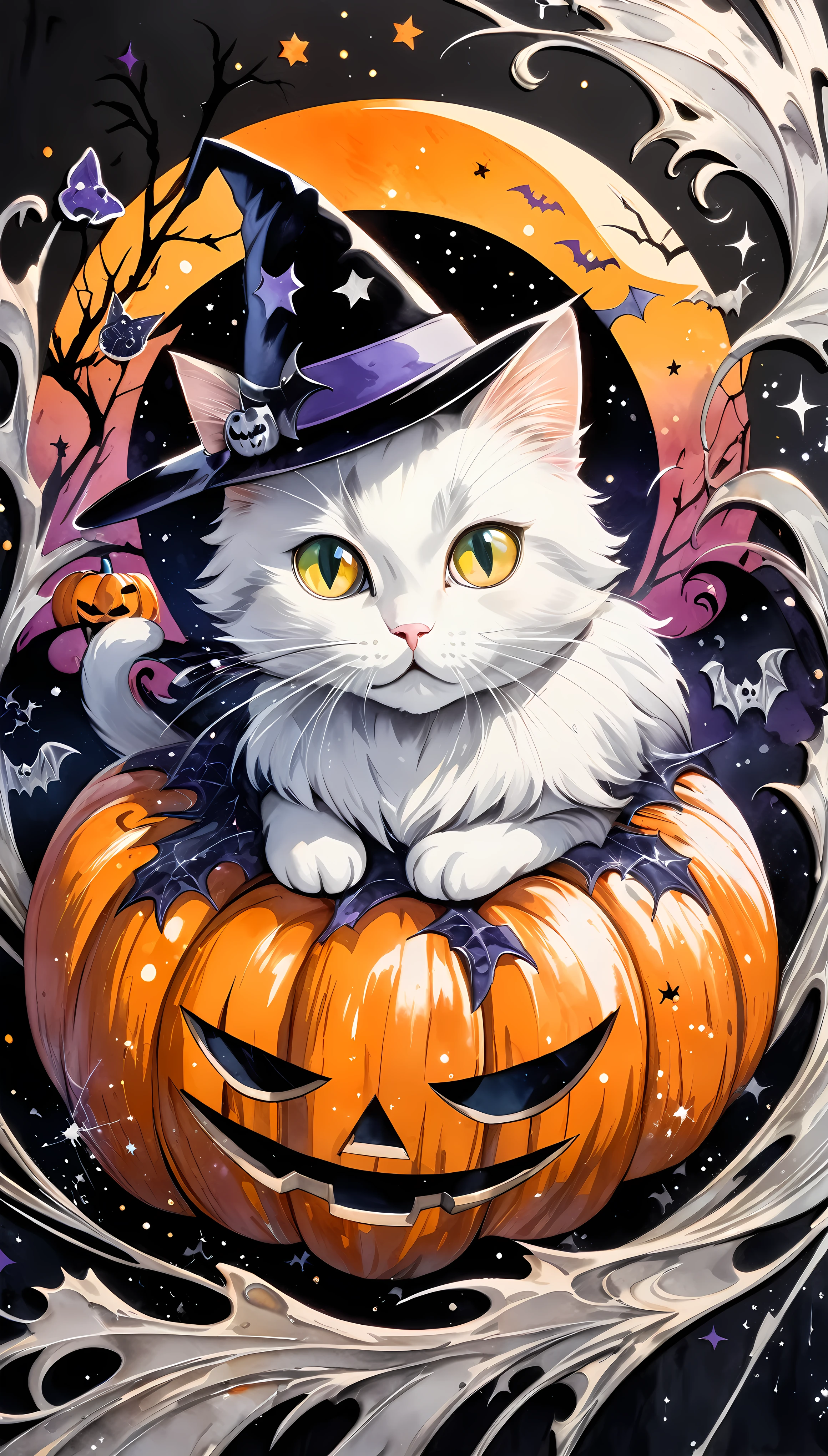 Ultra Oil Painting Spray Art, Aesthetic mixture of silver powder and watercolor gouache, Halloween design with a cat motif, wallpaper, 