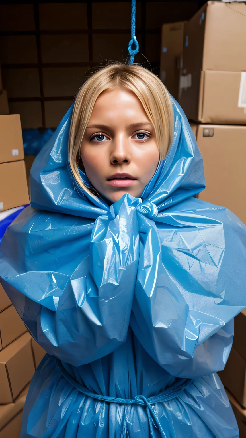 a stunningly beautiful blond woman completely wrapped up from head to toe in blue plastic trash bags is tightly tied up with rope wrapped around her like a helpless living mummy, she is completely covered with plastic, she is hangig from a lamp post by a rope, forced against her will, bright day, extremely photorealistic photo, highly detailed photo, portrait 
