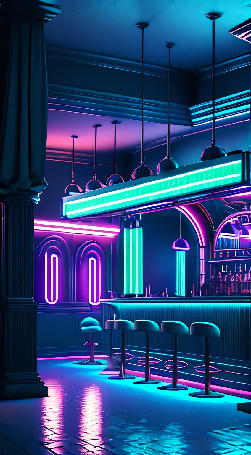 masterpiece, high detailed, high quality, empty modern club scene, bar, neon lights,  