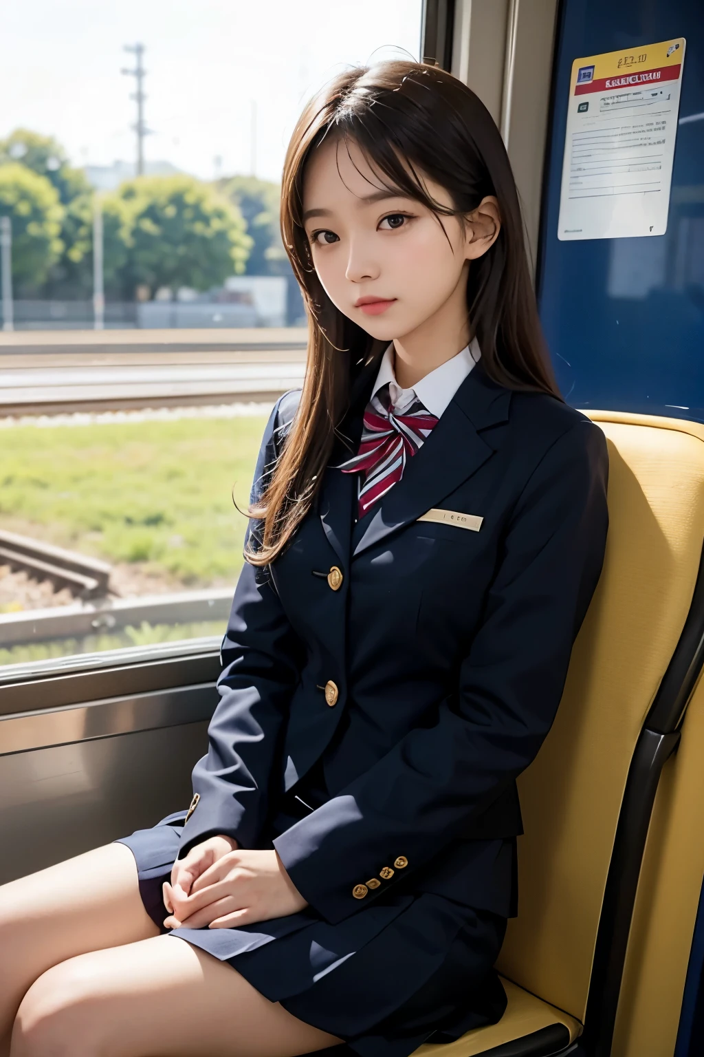 highest quality, masterpiece, ultra high resolution, (realistic:1.4), 20-year-old,1 girl,Super high quality,8k,thinウエスト,thin脚,thin and beautiful arms,beautiful fingers,Sare-eye makeup,thin,Medium chest,soft chest,International flight attendants,stewardess,stewardess制服,JAL uniform,flight attendant uniform,mini skirt,scarf,Uniform with emphasis on breasts,On board the plane,Boarding information in progress,((Ponytail and Hair Tie)),((Bangs short hair)),realistic,picture media chest)),((toothy smile)),((big smile))