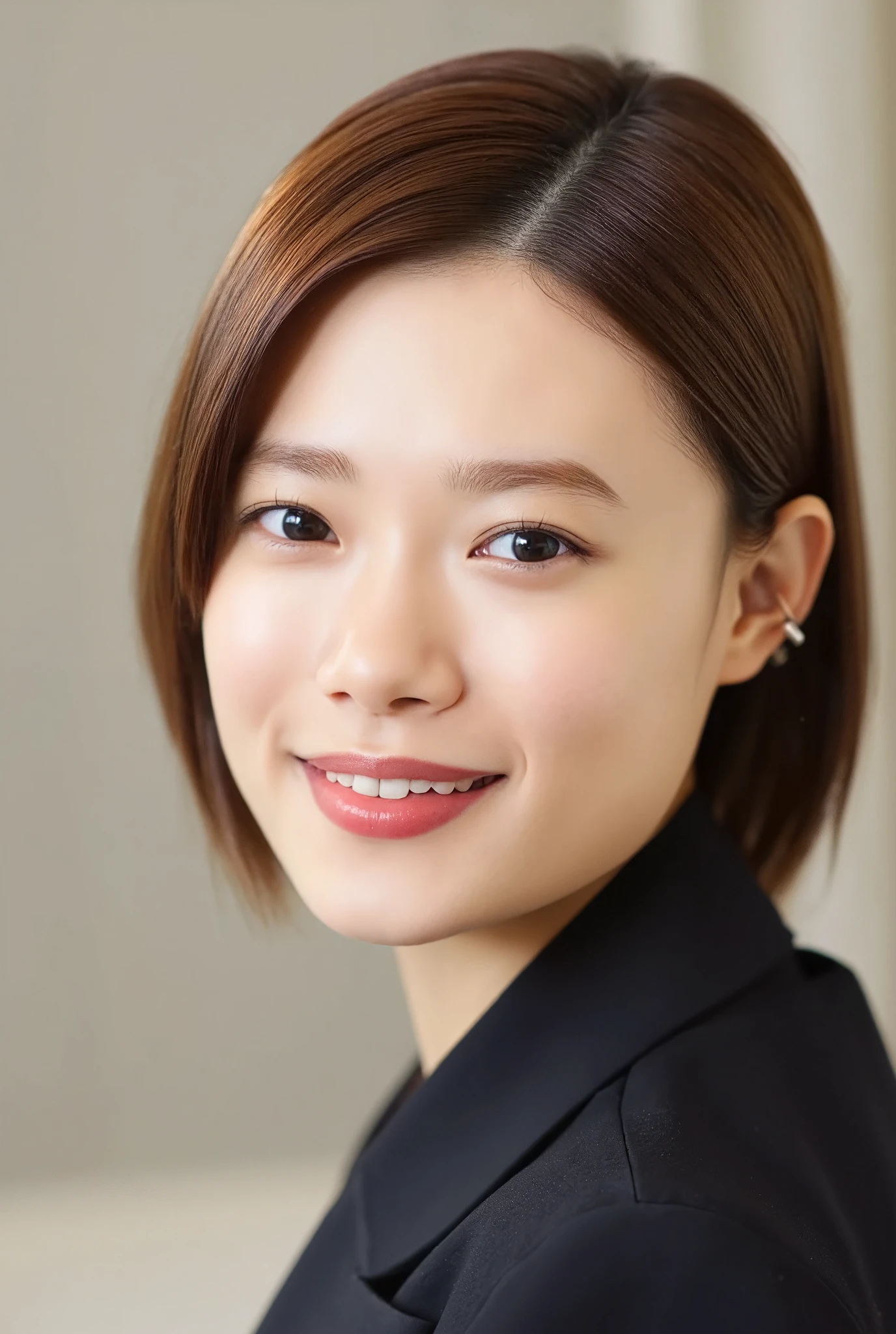 smile, (Best Quality:1.5), (Skin texture and pores:1.7), Sharp focus captures the entire face、Creates natural shadows on the cheeks and forehead, (HDR:1.4), Pores and fine skin details are realistically depicted.、Lighting enhances skin texture (Skin Detail:1.8), The lips have a slight sheen、The natural pink color creates an elegant reflection of light., The hair is realistically expressed.、The background is blurred, giving it a luxurious feel with studio lighting. (Background Blur:1.3)