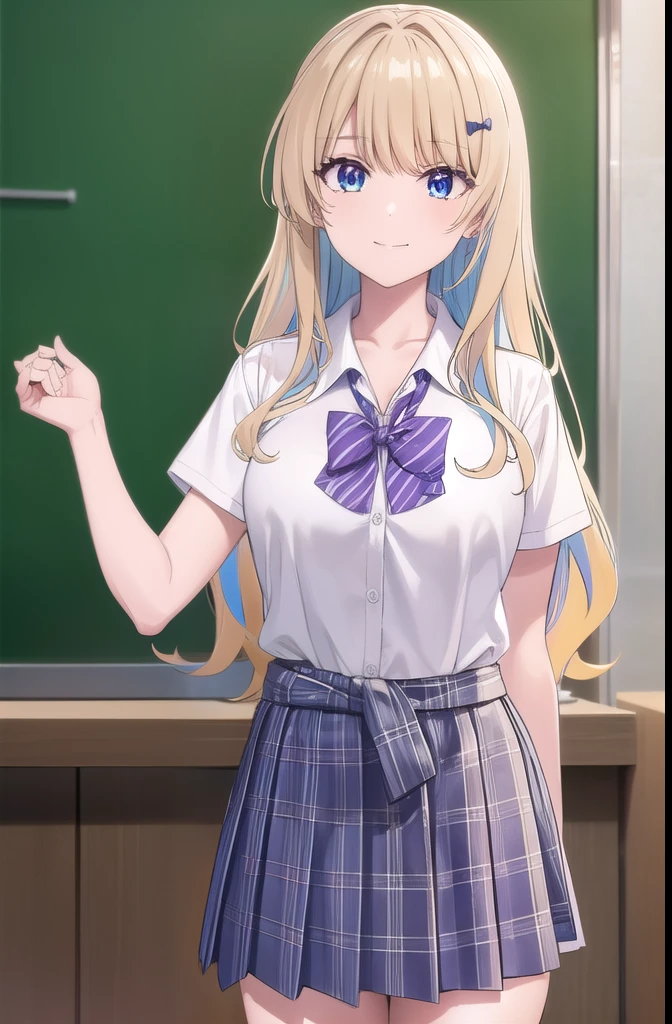 lunashirakawa, luna shirakawa, long hair, blue eyes, blonde hair, hair ornament, bow, multicolored hair, hairclip, smile,
BREAK skirt, shirt, thighhighs, bow, school uniform, white shirt, pleated skirt, shoes, black thighhighs, bowtie, blue skirt, plaid, plaid skirt, loafers, purple bow, clothes around waist, gyaru, purple bowtie,
BREAK looking at viewer,
BREAK indoors, classroom, (cowboy shot:1.5),
BREAK (masterpiece:1.2), best quality, high resolution, unity 8k wallpaper, (illustration:0.8), (beautiful detailed eyes:1.6), extremely detailed face, perfect lighting, extremely detailed CG, (perfect hands, perfect anatomy),