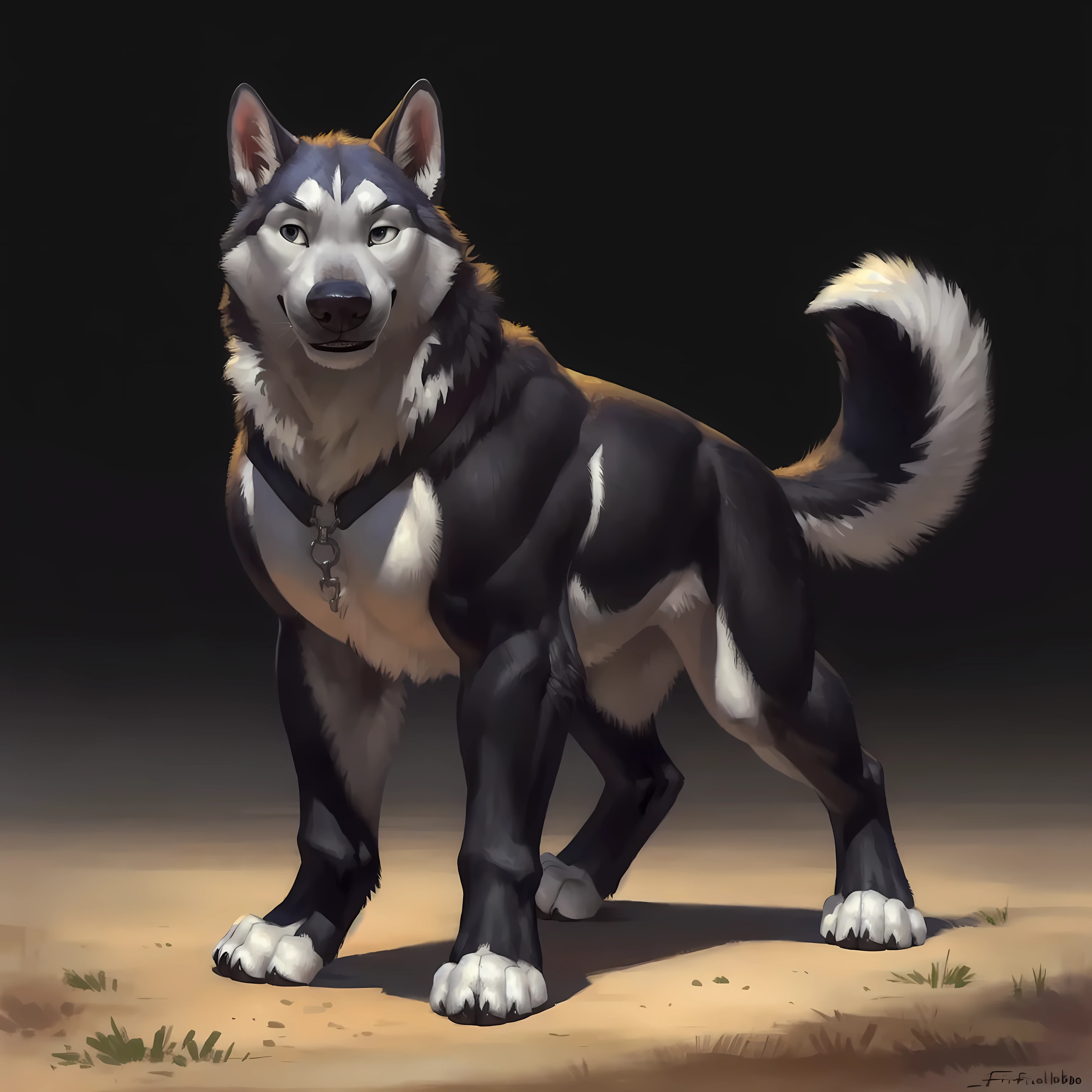 alaskan malamute, husky, husky body:1.1, black fur, white fur, high quality, best resolution, posted on e621, male, adult, solo, masculine, very muscular:1.5, heavyweight body:1.5, (big pecs, large pectorals):1.6, muscular forelegs, muscular hindlegs, dog, (feral, feral body):1.3, (black background, gradient background):1.4, full body, paws, posing, cartoony build, cartoony proportions, by taran fiddler, by blotch, by virtyalfobo, by raccoon21, detailed eyes, correct muscles, correct anatomy, soft colors, soft shading, handsome, confident, proud, strong, showing off muscles, posing for camera, 